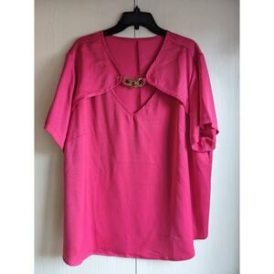Shein Curve Womens Bright Pink Short Sleeve Polyester V-neck Blouse Top Size 4XL